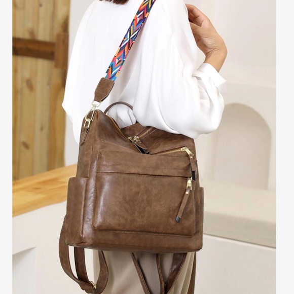 Luxe Vegan Leather Colorful Strap Backpack Shoulder bag - Picture 7 of 11
